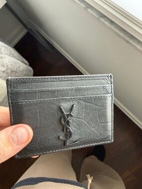 Saint Laurent Black Croc-Embossed Leather Card Holder with YSL Logo
